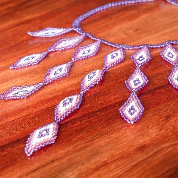 Handmade by Colombian Natives necklace embera okama beaded pastel lilac - Picture 3 of 11